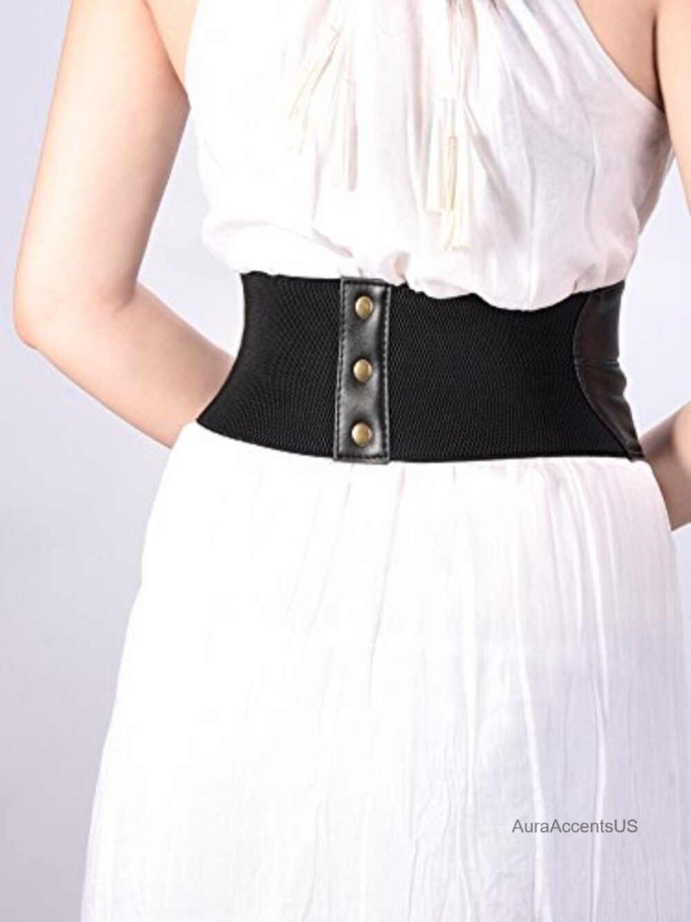 Faux Leather Spandex Corset Waist Belt with Lace and Button Closure - Picture 6 of 6